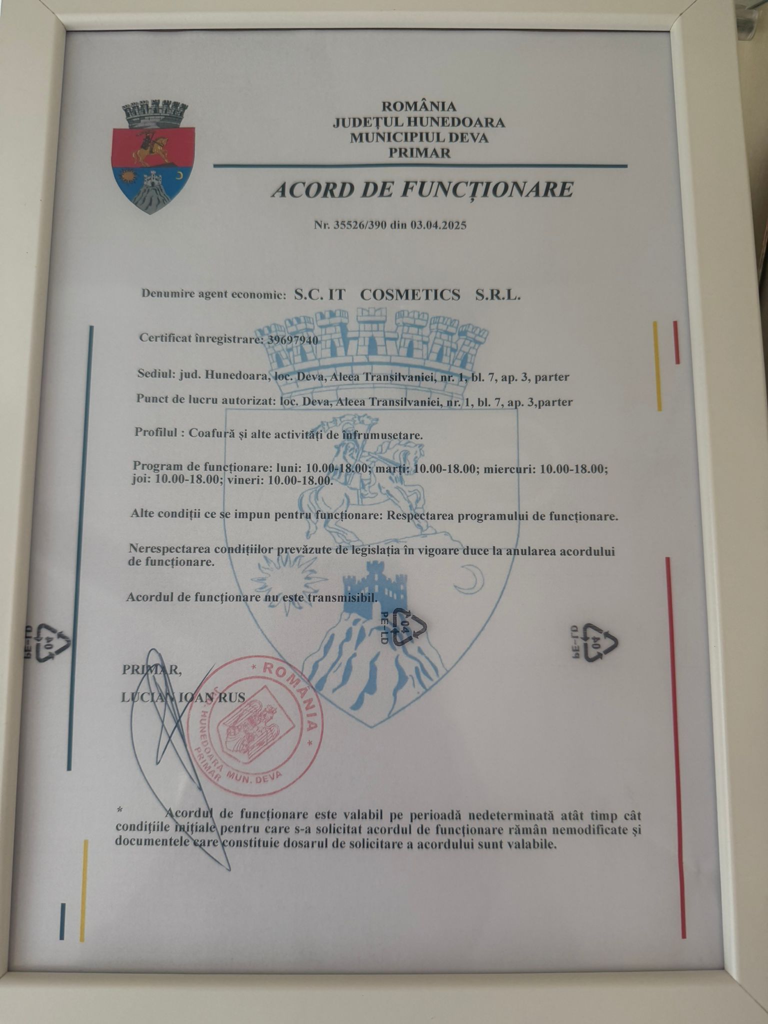 Acord de funcționare Nr. 35526/390 din 03.04.2025 — S.C. IT COSMETICS S.R.L., emis de Primăria Municipiului Deva